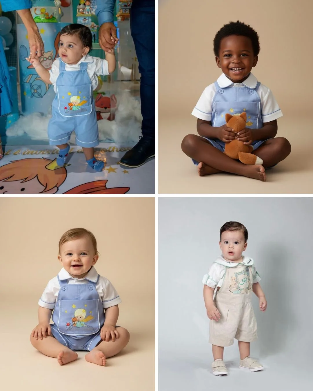 Quatro crianças — meninos e meninas — vestindo a Jardineira Versátil em situações diferentes: retrato sorrindo, brincando ao ar livre, com irmão combinando e ensaio fotográfico