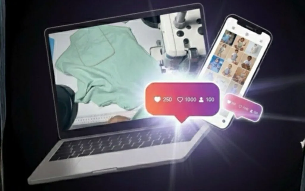 Mockup de notebook e celular mostrando feed de Instagram do ateliê com vendas acontecendo