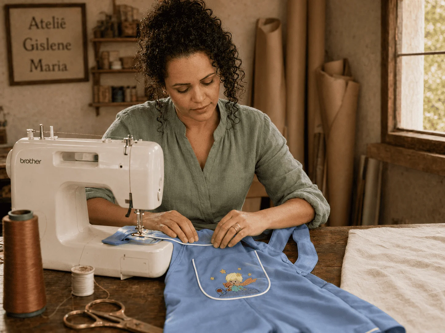 Gislene Maria costurando à mão na bancada do ateliê · 25 anos de costura · cambraia, vivos, body social na mesa