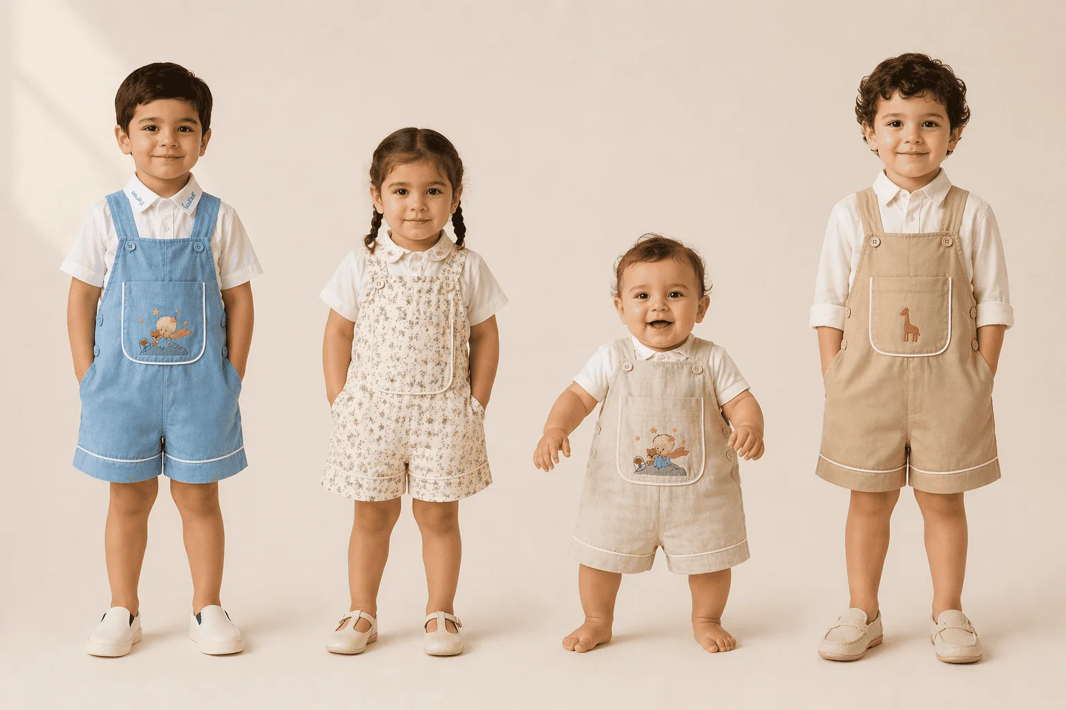 Quatro crianças brasileiras de idades diferentes vestindo a Jardineira Versátil em jeans, floral, linho cru e sarja bege — a mesma base em quatro universos de cliente