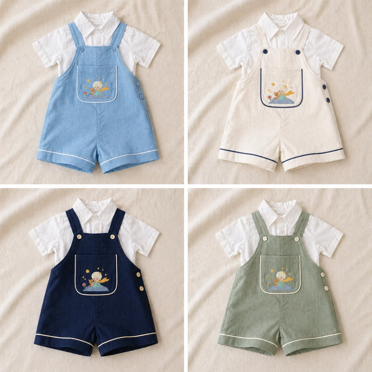 Grid 2x2 da mesma Jardineira Versátil em 4 paletas de cor — Chambray Príncipe azul claro lavado com vivo branco · Marfim Cerimonial off-white com vivo azul-meia-noite · Navy Pequeno Príncipe azul-marinho profundo com vivo creme · Sálvia Institucional verde sálvia com vivo marfim — todas com a mesma camisa social off-white por baixo e o mesmo bordado Pequeno Príncipe pale gold no bolso do peito