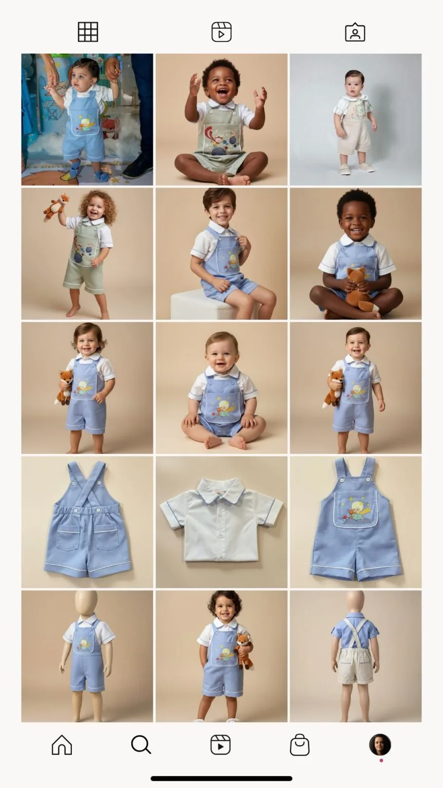 Grid do Instagram @costuragi mostrando Jardineira Versátil em múltiplas variações reais — diferentes tecidos, tamanhos, cores e contextos já produzidos pelas alunas do ateliê