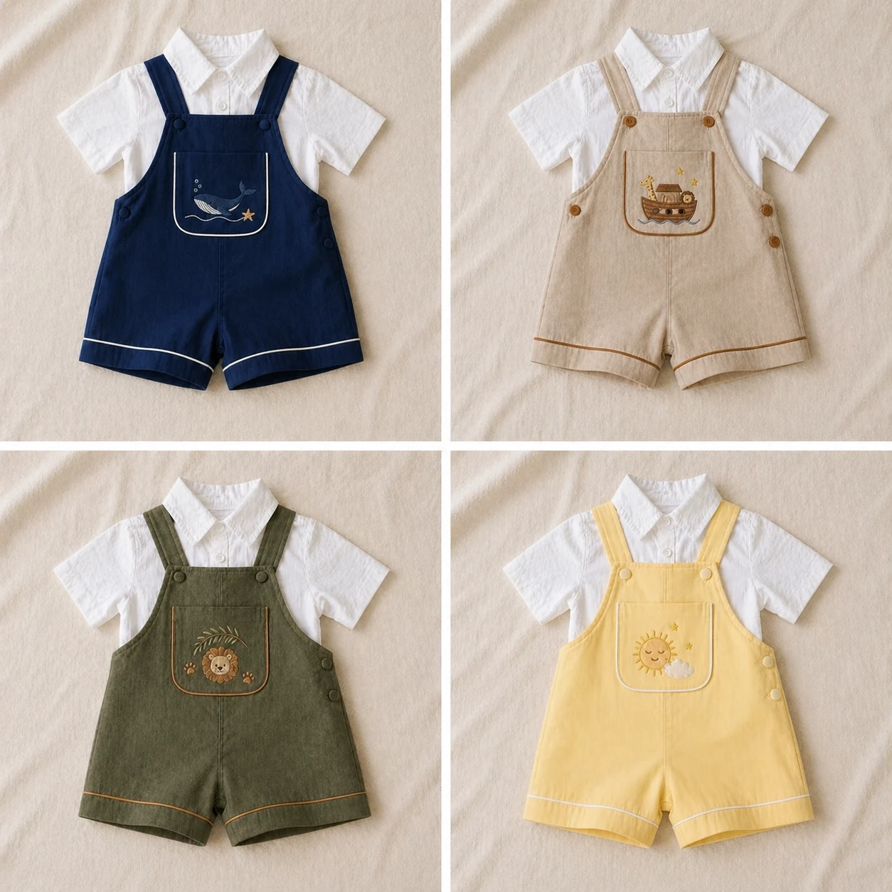 Grid 2x2 da mesma Jardineira Versátil em 4 temas diferentes — Fundo do Mar azul oceano com baleia e onda no bib · Arca de Noé bege areia com arca e animais miniatura · Safári Mini verde sálvia com leão e folha tropical · 365 Sorrisos amarelo manteiga com sol e estrelas — todos com camisa social branca e estrutura idêntica de alças X, bib, abertura lateral e elástico nas costas