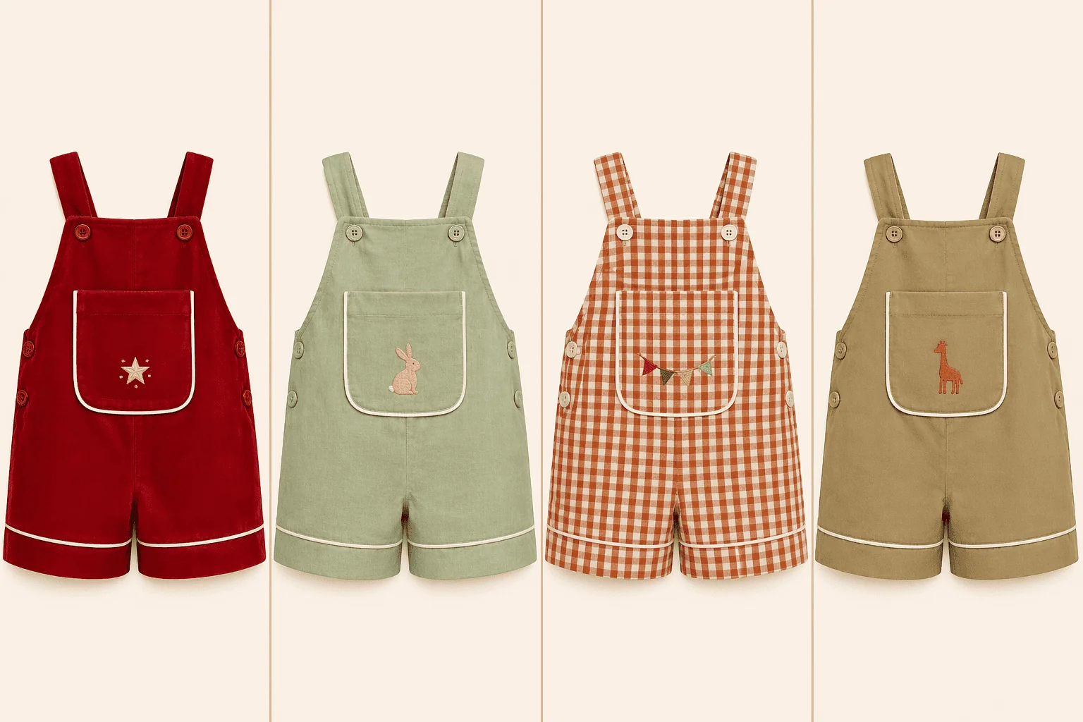 Quatro Jardineiras Versátil em temas sazonais diferentes — Natal vermelho, Páscoa sage, Festa Junina xadrez terracota e Safari khaki — todas no mesmo molde, trocando apenas o tema do bordado