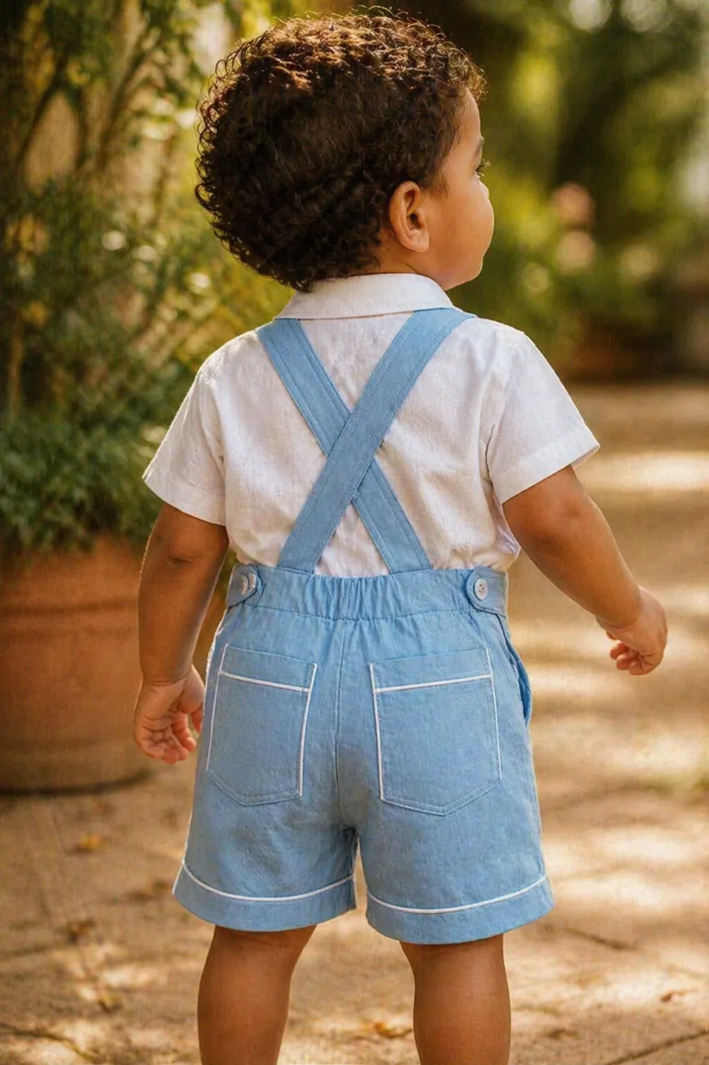 Vista das costas de toddler brasileiro com cabelo cacheado vestindo Jardineira Versátil em linho azul céu · alças cruzadas em X no meio das costas sem cair dos ombros · 2 bolsos traseiros com vivo branco · cós com elástico e 2 botões laterais · camisa branca por baixo · fundo jardim desfocado