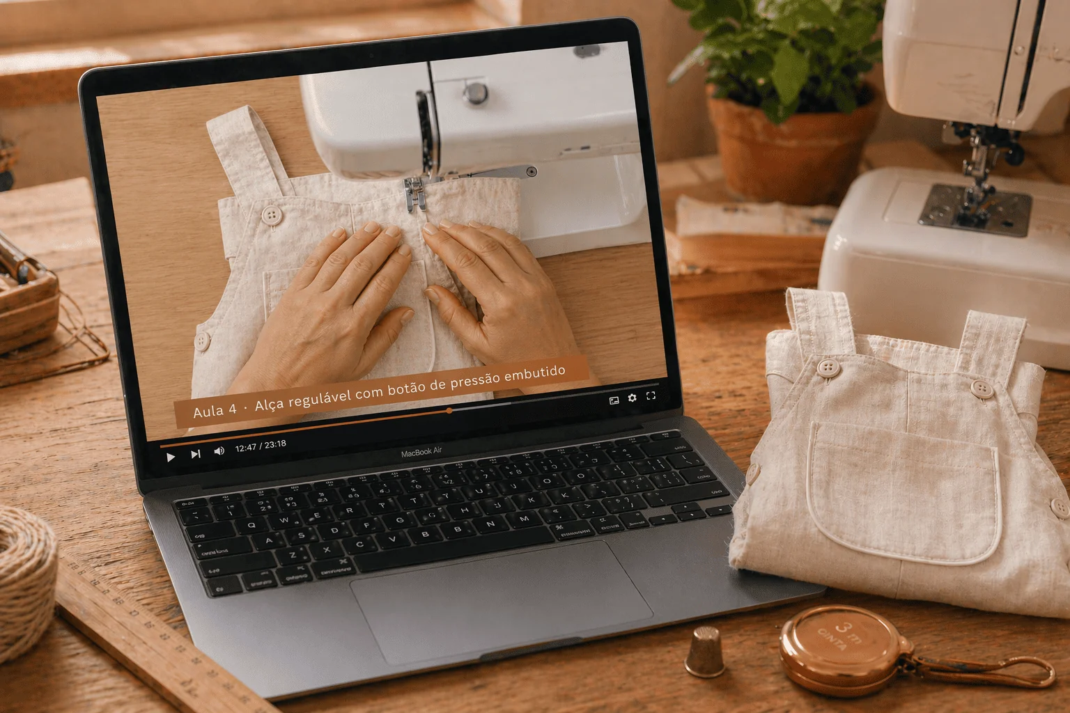 Notebook aberto com aula da Jardineira Versátil rodando, mostrando as mãos costurando a alça na máquina, bancada de ateliê ao redor
