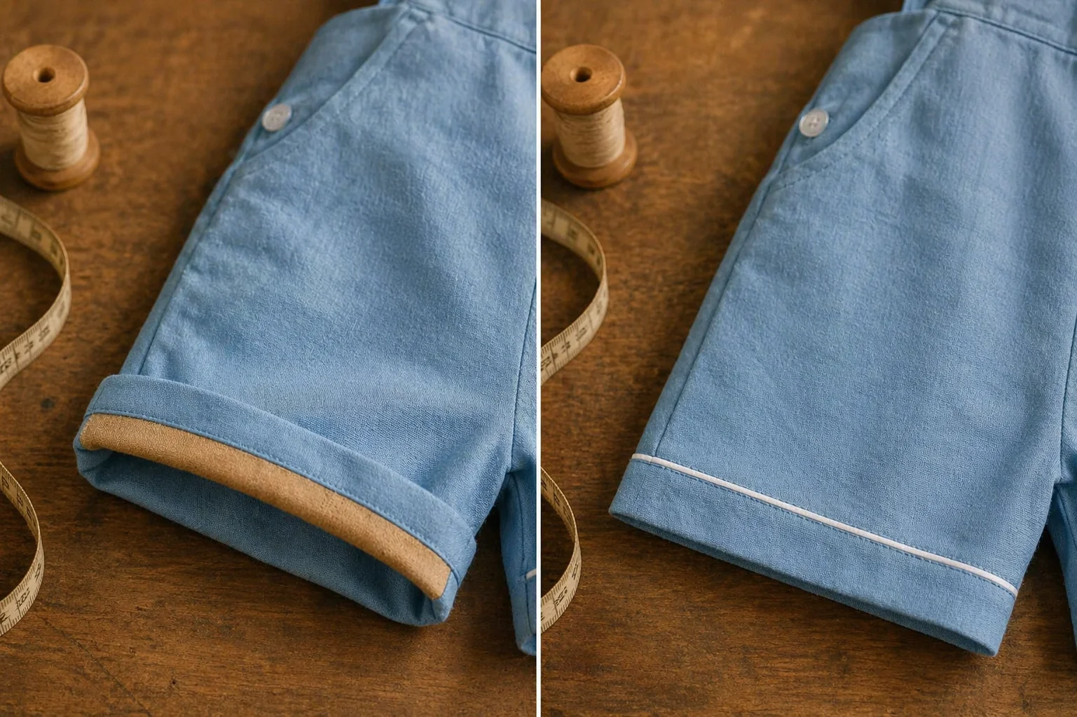 Split-image comparativo da barra da Jardineira Versátil · esquerda com barra dobrada pra cima expondo vivo biaset caramelo contrastante · direita com barra reta lisa mostrando só o vivo branco · mesma peça em dois visuais · carretel de linha e fita métrica vintage ao lado em bancada de madeira