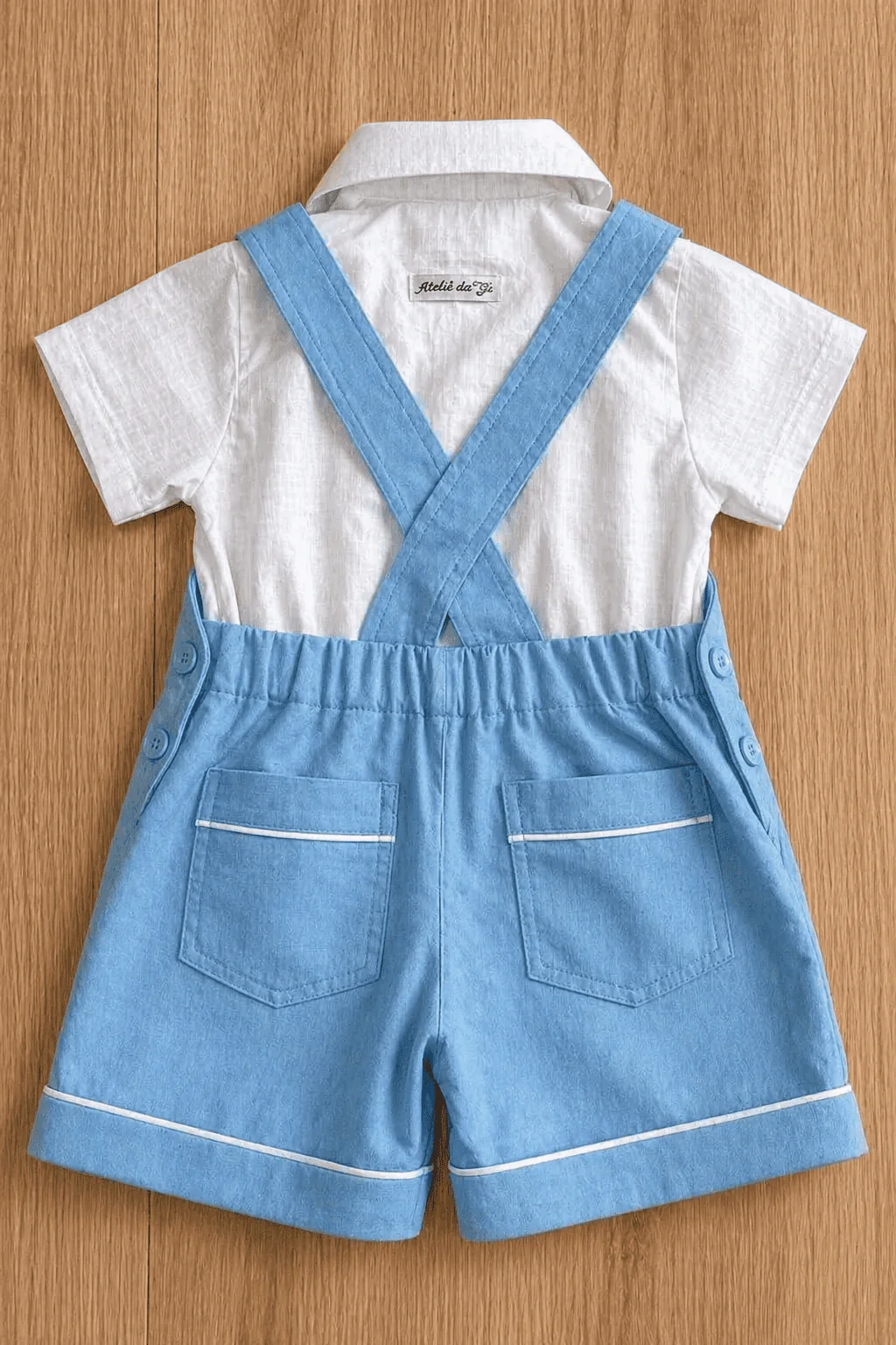 Jardineira Versátil vista pelas costas mostrando X das alças cruzadas, elástico franzido no cós e pockets traseiros com vivo branco