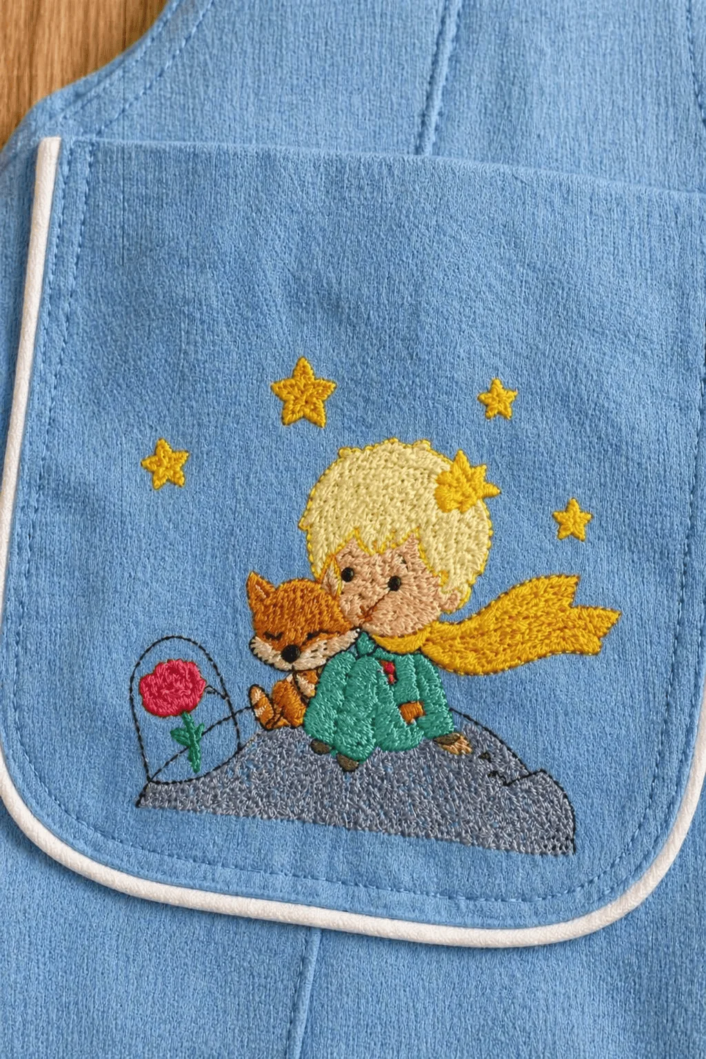 Macro do bordado Pequeno Príncipe no bolso da jardineira azul céu — o bordado original do ateliê da Gi, mais vendido desde o começo
