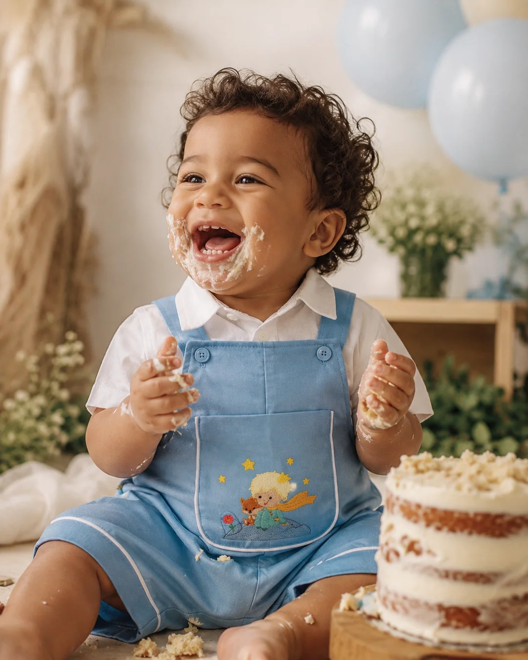 Aniversário de 1 ano · bebê vestindo a Jardineira Versátil azul-céu · smash the cake