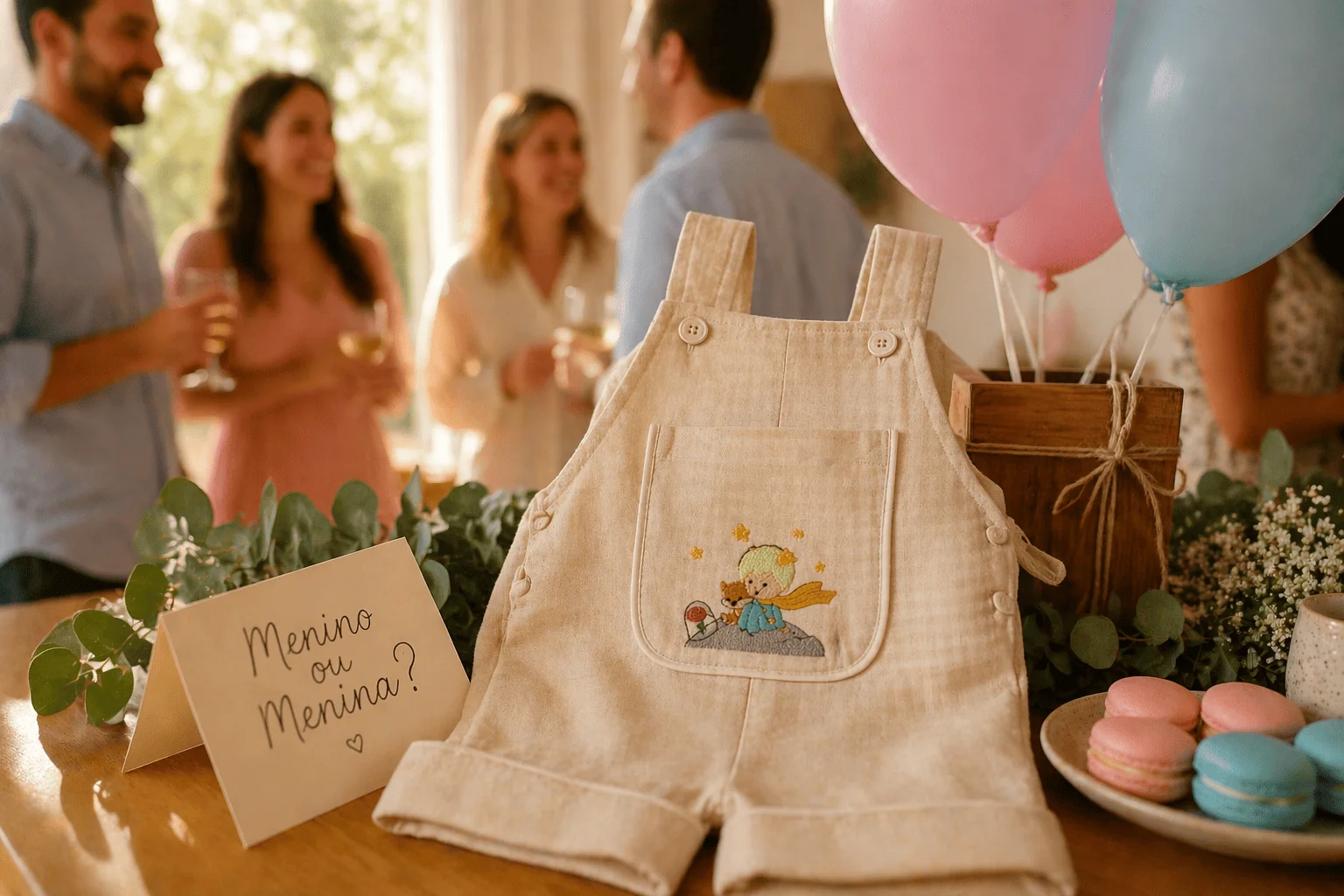 Cena de chá de bebê revelação com jardineira em linho neutro como centro de mesa, balões rosa e azul, tag 'Menino ou Menina?'