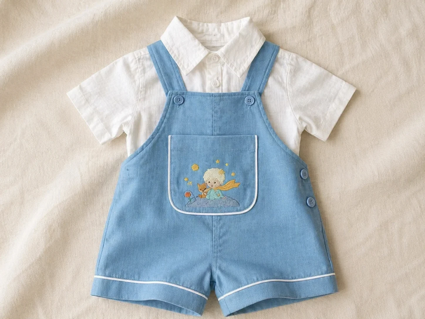 Conjunto Jardineira Versátil vista frontal · chambray azul claro com vivo branco · alças cruzadas em X · bib frontal com bordado Pequeno Príncipe · sobre Body Camisa branco em tecido leve com gola social manga curta · acabamento de bancada