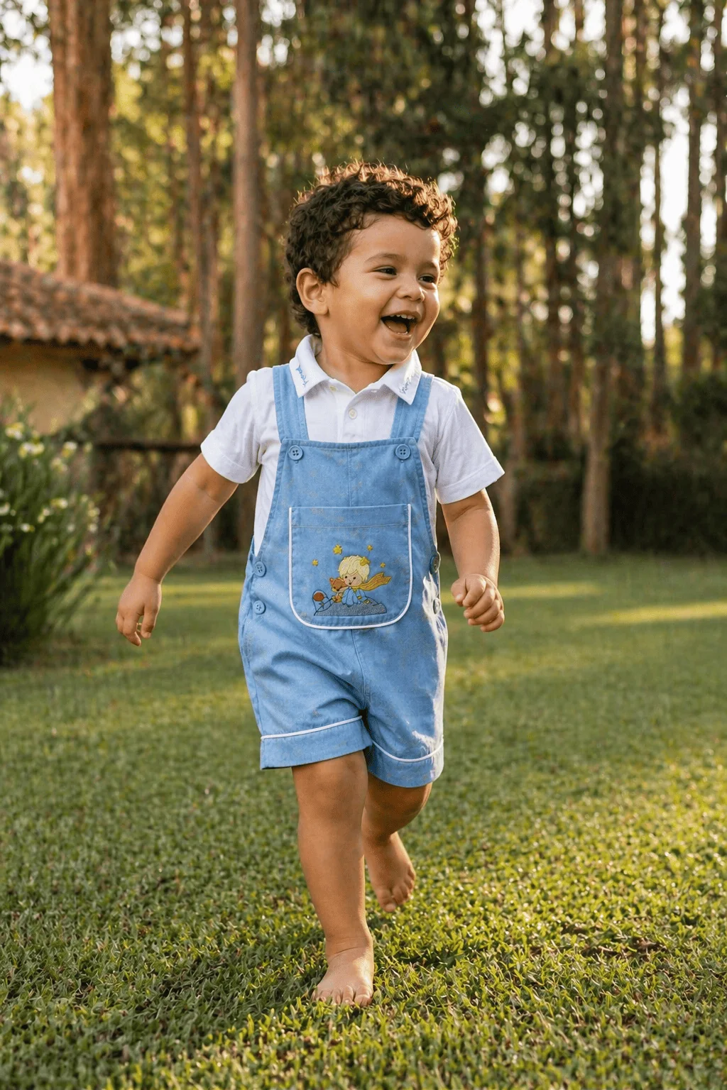 Toddler brasileiro de 2 anos correndo no quintal com jardineira de jeans em movimento, luz dourada de fim de tarde