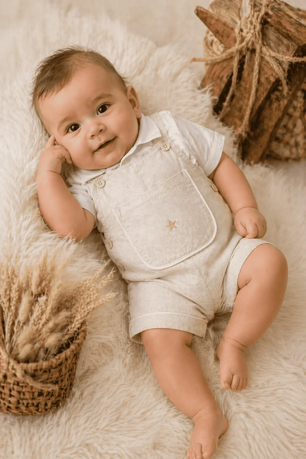 Bebê de 6 meses em ensaio fotográfico newborn, jardineira de linho cru, faux-fur ivory, luz de softbox editorial