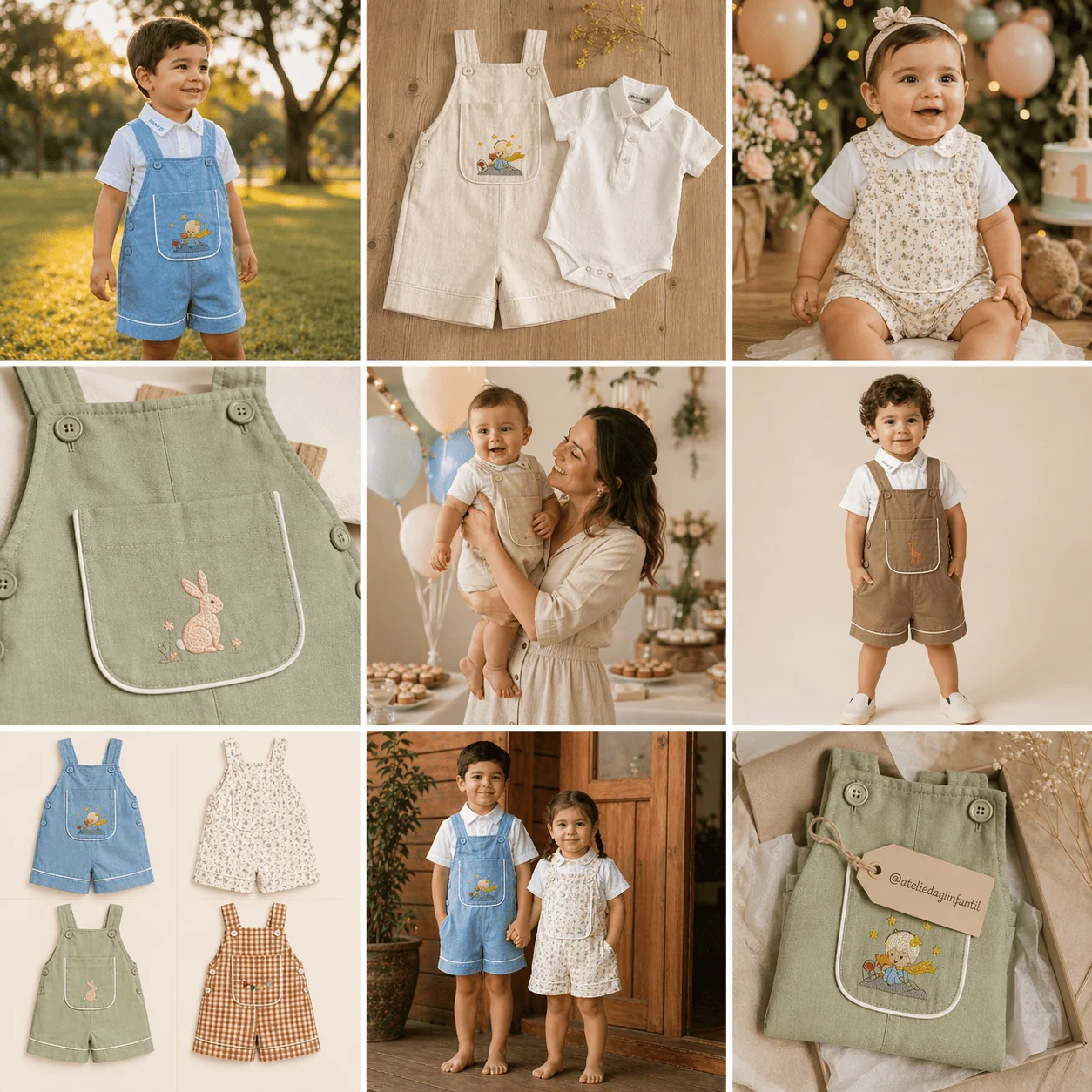 Mockup de feed Instagram 3x3 do @ateliedagiinfantil com 9 posts da Jardineira Versátil em variações de tecido, cena e contexto