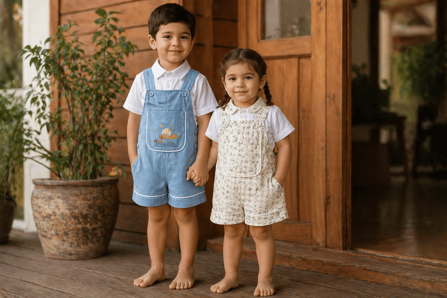 Menino de jeans + menina de floral, mesma jardineira em varanda brasileira, mãos dadas