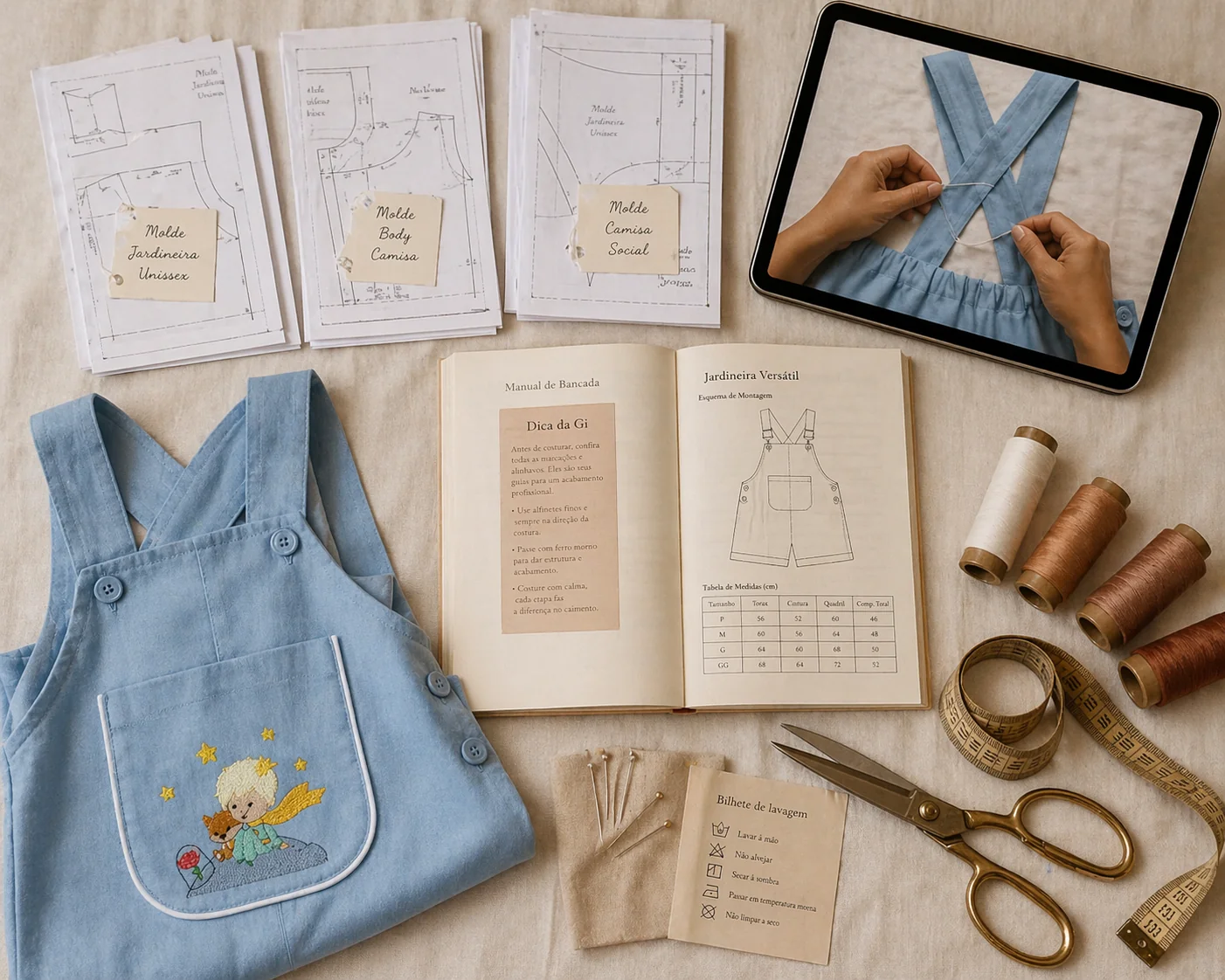 Flat-lay editorial do Projeto Jardineira Versátil completo sobre fundo de linho cru · 3 pilhas de moldes impressos A4 (Jardineira Unissex · Body Camisa · Camisa Social) · Manual de Bancada A5 aberto na página 'Dica da Gi' com diagrama técnico + tabela de medidas · tablet com aula rodando mostrando mãos costurando alças cruzadas em linho azul céu · Jardineira Versátil finalizada em linho azul céu com bordado Pequeno Príncipe · tesoura dourada, carretéis copper, fita métrica vintage, bilhete de lavagem em papel kraft