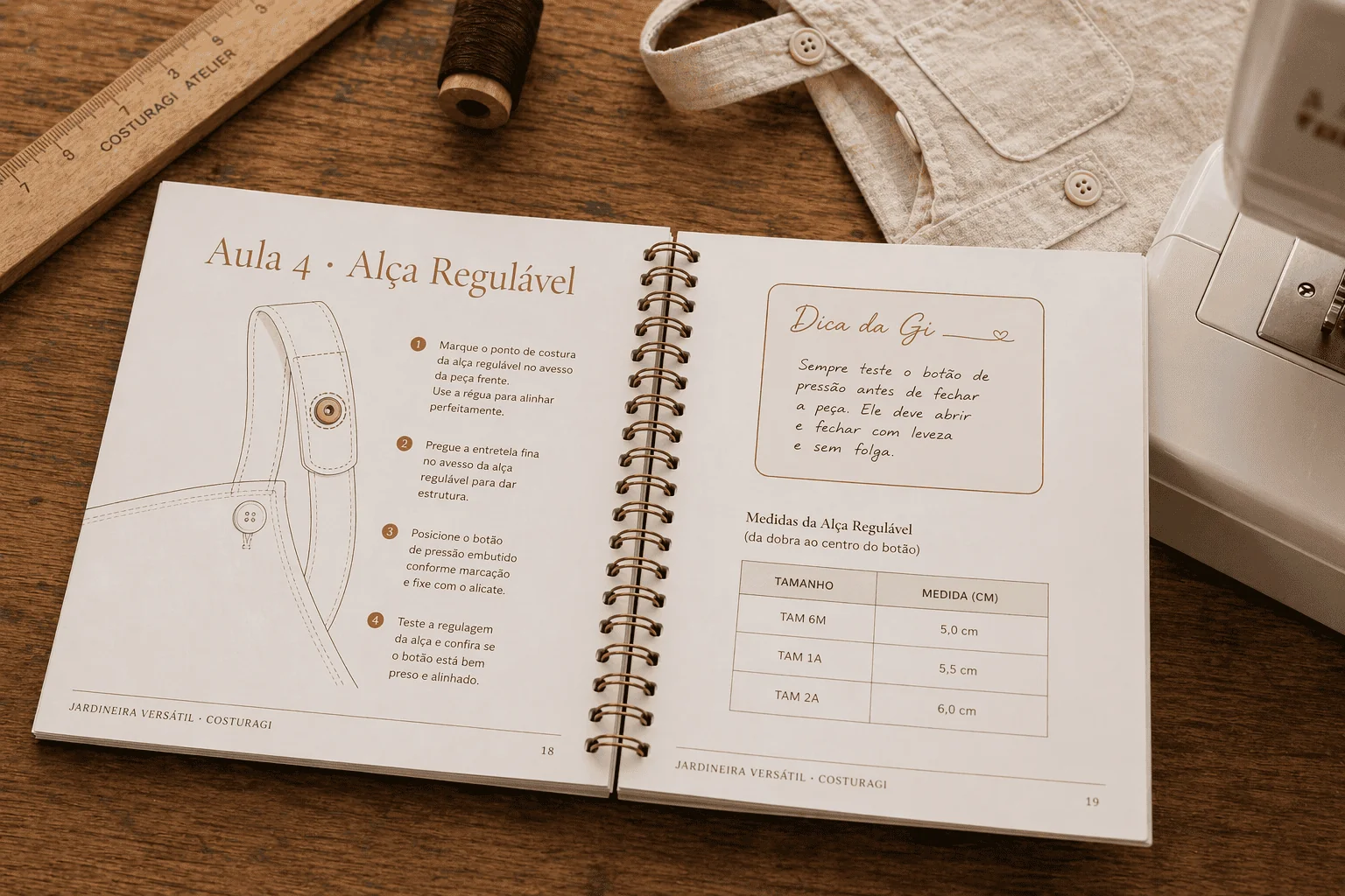 Manual de Bancada da Jardineira Versátil aberto na Aula 4 · Alça Regulável, com diagrama técnico, Dica da Gi e tabela de medidas por tamanho