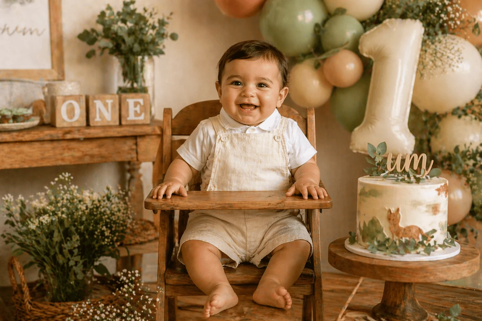 Bebê de 1 ano em cadeira de madeira, jardineira em linho cru, bolo UM e arco de balões sage