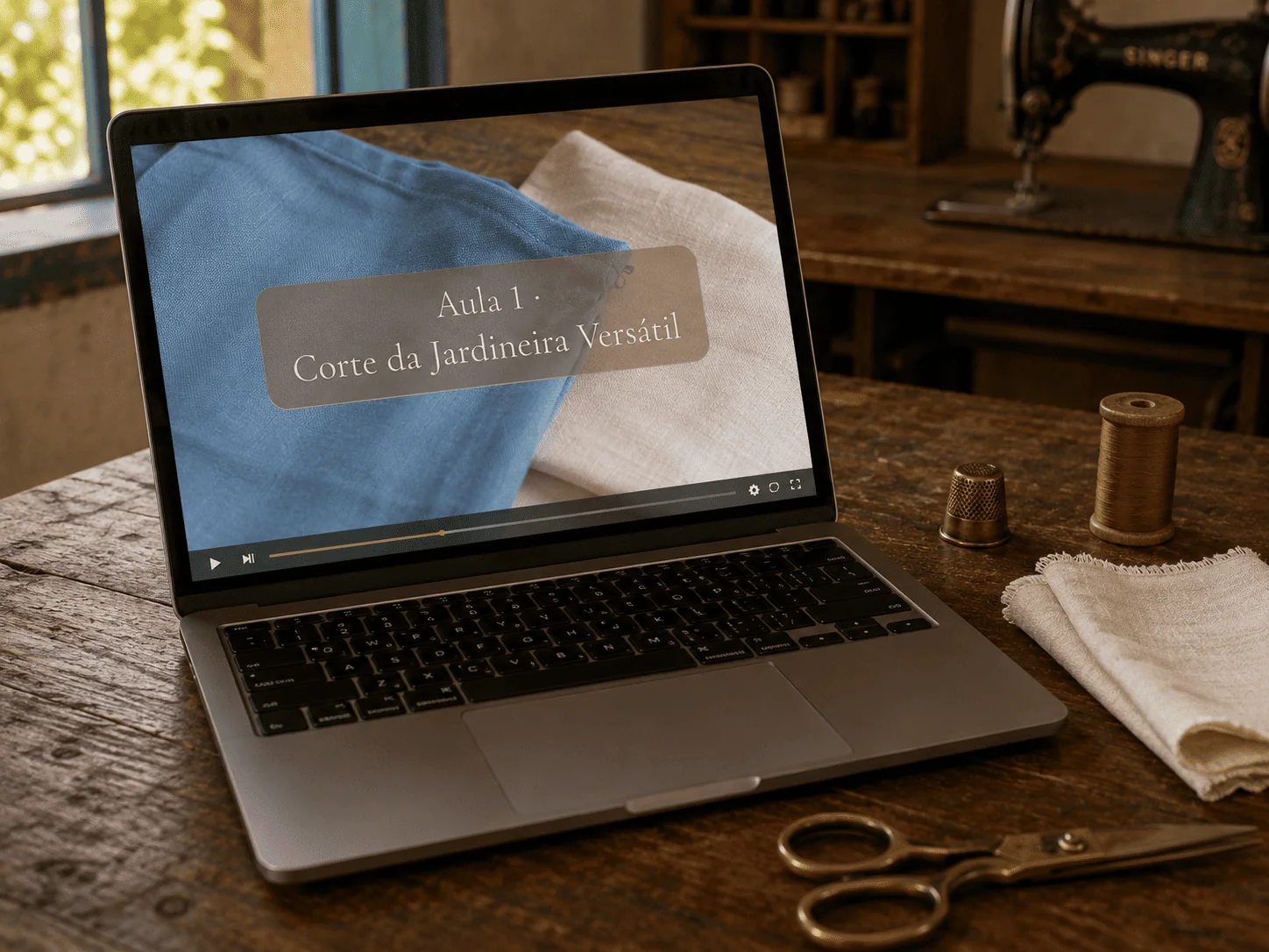 Notebook na mesa de madeira do ateliê com a Aula 1 — Corte da Jardineira Versátil aberta no player · máquina Singer antiga ao fundo, dedal de cobre e linha ao lado