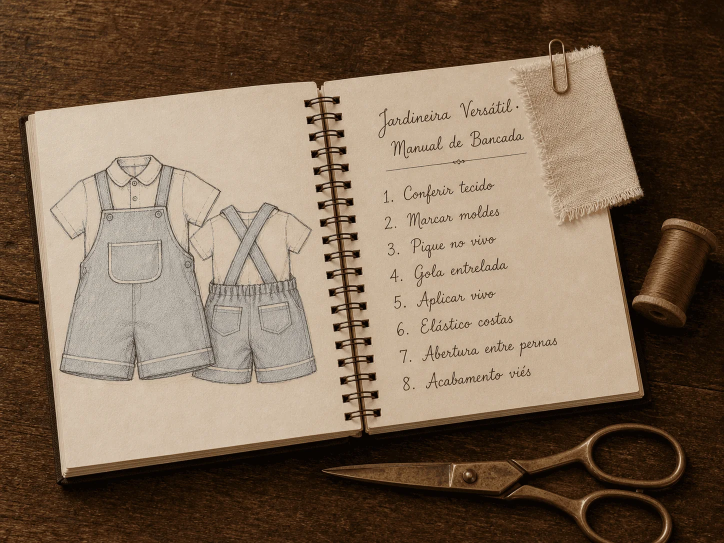 Manual de Bancada da Jardineira Versátil aberto sobre a mesa de madeira · ilustrações da jardineira, do body e da camisa em script · checklist numerada de etapas · clipe de cobre e tesoura ao lado