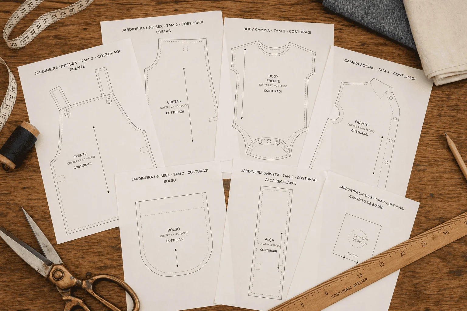 Moldes graduados da Jardineira Versátil impressos em folhas A4 sobre bancada de ateliê com tesoura, régua e carretel de linha