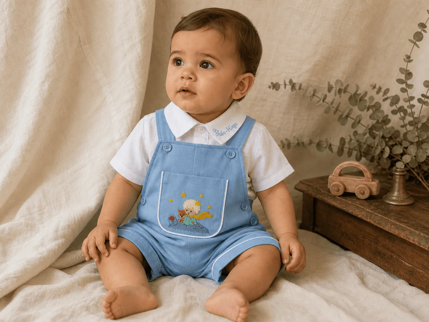 Paleta 2 · Cambraia azul céu com vivo branco e bordado Pequeno Príncipe miniatura no bolso · para o batizado e o almoço de família