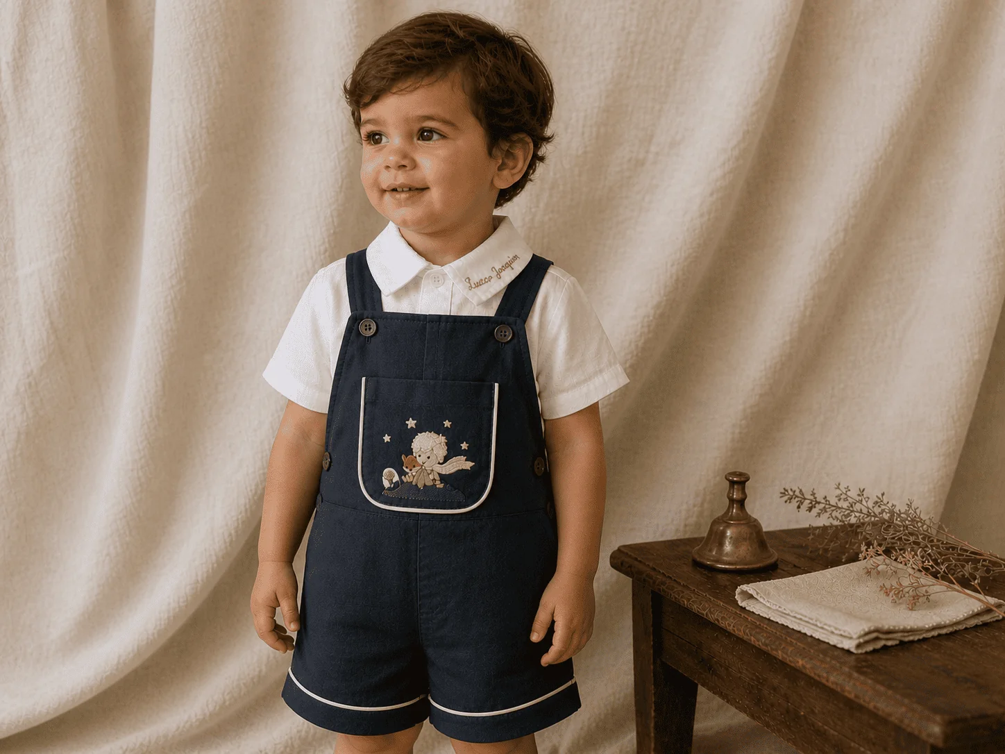 Paleta 3 · Cambraia azul Indigo MASP com bordado branco — para o aniversário simples e cerimonial