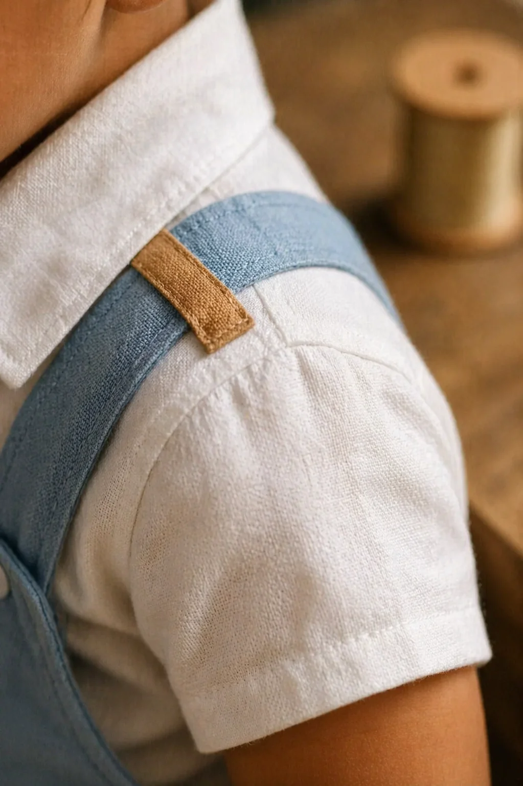 Macro extremo do ombro de bebê brasileiro vestindo camisa branca de colarinho por baixo da Jardineira Versátil em linho azul céu · tira discreta de viés caramelo costurada horizontalmente no ombro da camisa criando presilha invisível · alça da jardineira azul passando por dentro da presilha · fundo ateliê com carretel de linha desfocado · dica exclusiva do ateliê da Gi