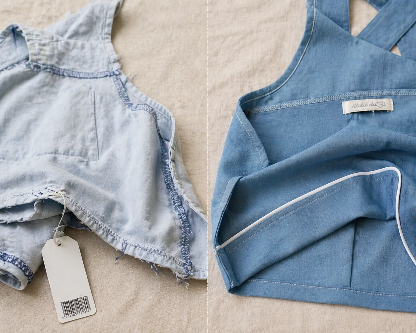 Comparativo split-image de avessos · à esquerda jardineira fast fashion infantil em denim desbotado com overlock laranja aparente na bainha, costura torta, tag plástica com código de barras pendurado · à direita avesso da Jardineira Versátil do Ateliê da Gi em linho azul rico com pesponto duplo em linha cream, bainha invisível, vivo biaset branco perfeito, etiqueta bordada 'Ateliê da Gi' · mesmo ângulo, mesma distância, só o acabamento diferencia
