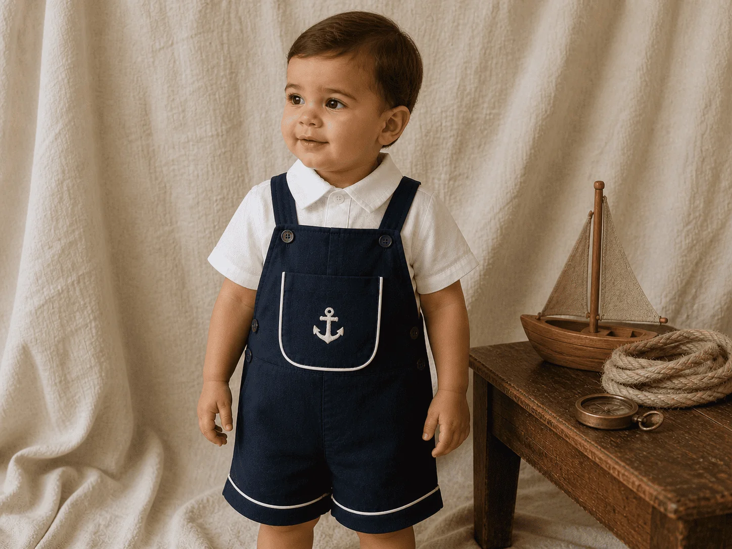 Tema Marinheiro · cambraia azul marinho profundo com vivo branco contornando bib e barra · âncora bordada branca no centro do bolso · botões em tom envelhecido
