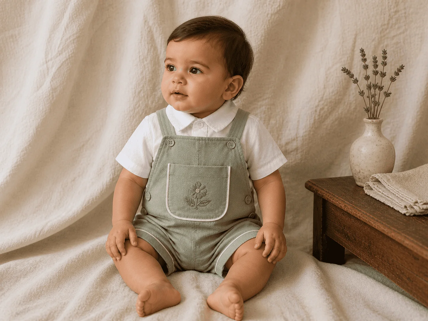 Tema Floral · linho verde sálvia botânico com vivo tom-sobre-tom discreto · bordado floral pequeno em fio cor da peça no bolso saca