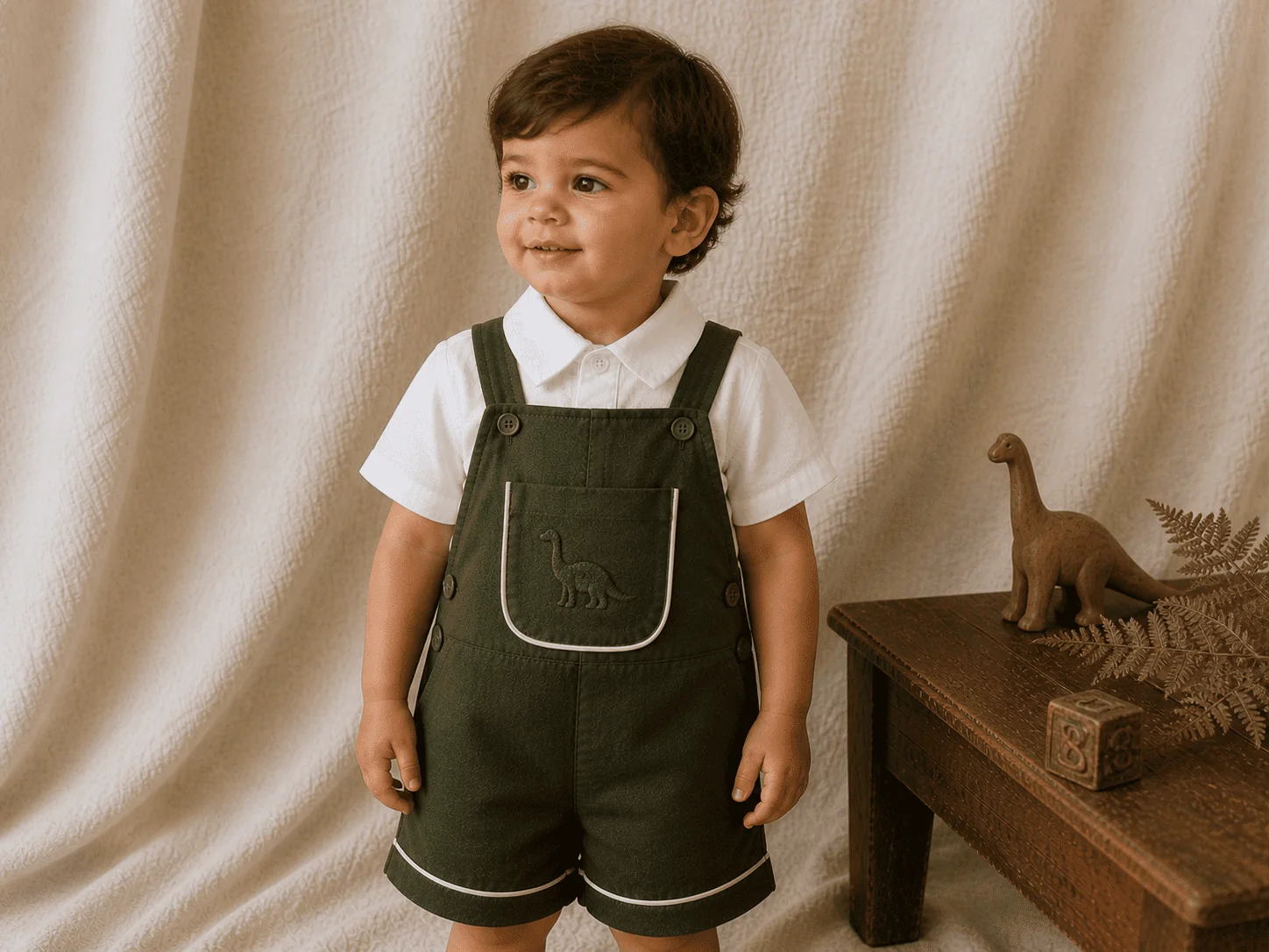 Tema Dino · sarja em verde musgo escuro com vivo branco off-white na barra e laterais · dinossauro branco bordado pequeno e gracioso no bolso saca · botões em tom envelhecido