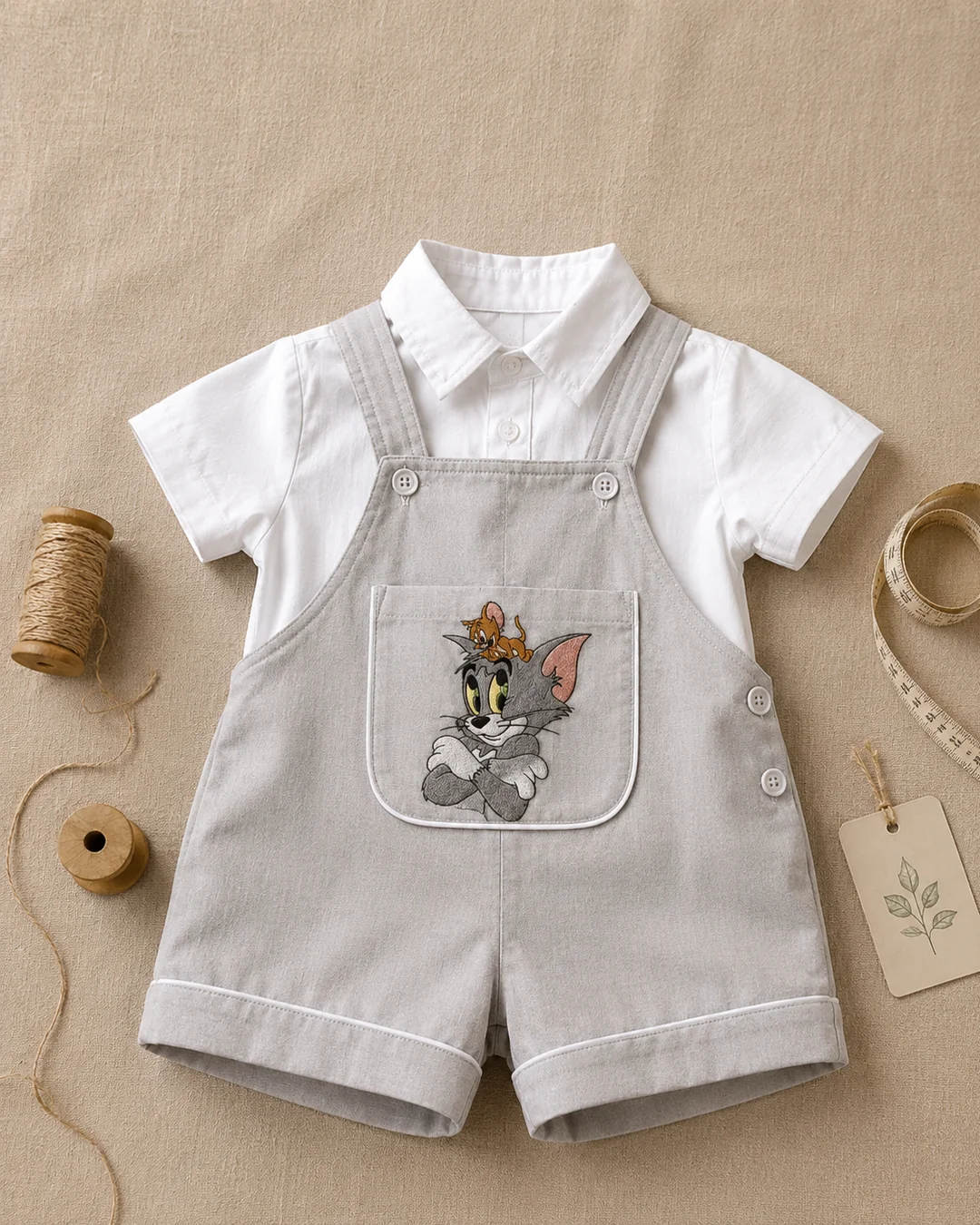 Tema Tom e Jerry · linho cinza com vivo branco · gato e ratinho bordados no bolso frontal