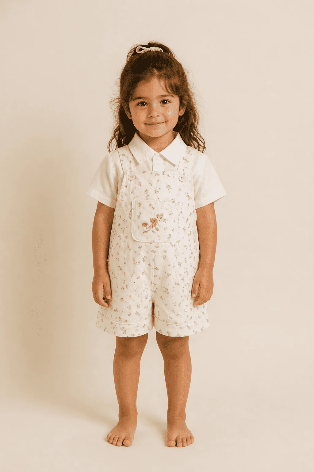 Menina 4 anos em jardineira estampa floral delicada, body branco, backdrop ivory