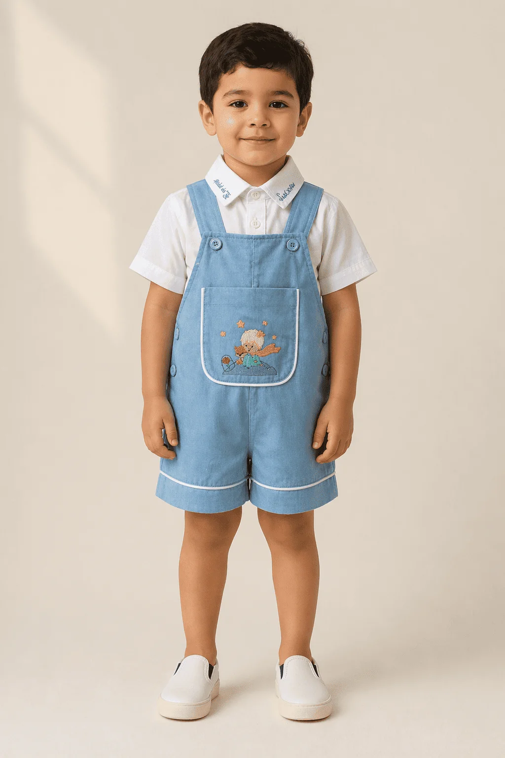 Menino 4 anos em jardineira de jeans urbano, body branco, backdrop ivory