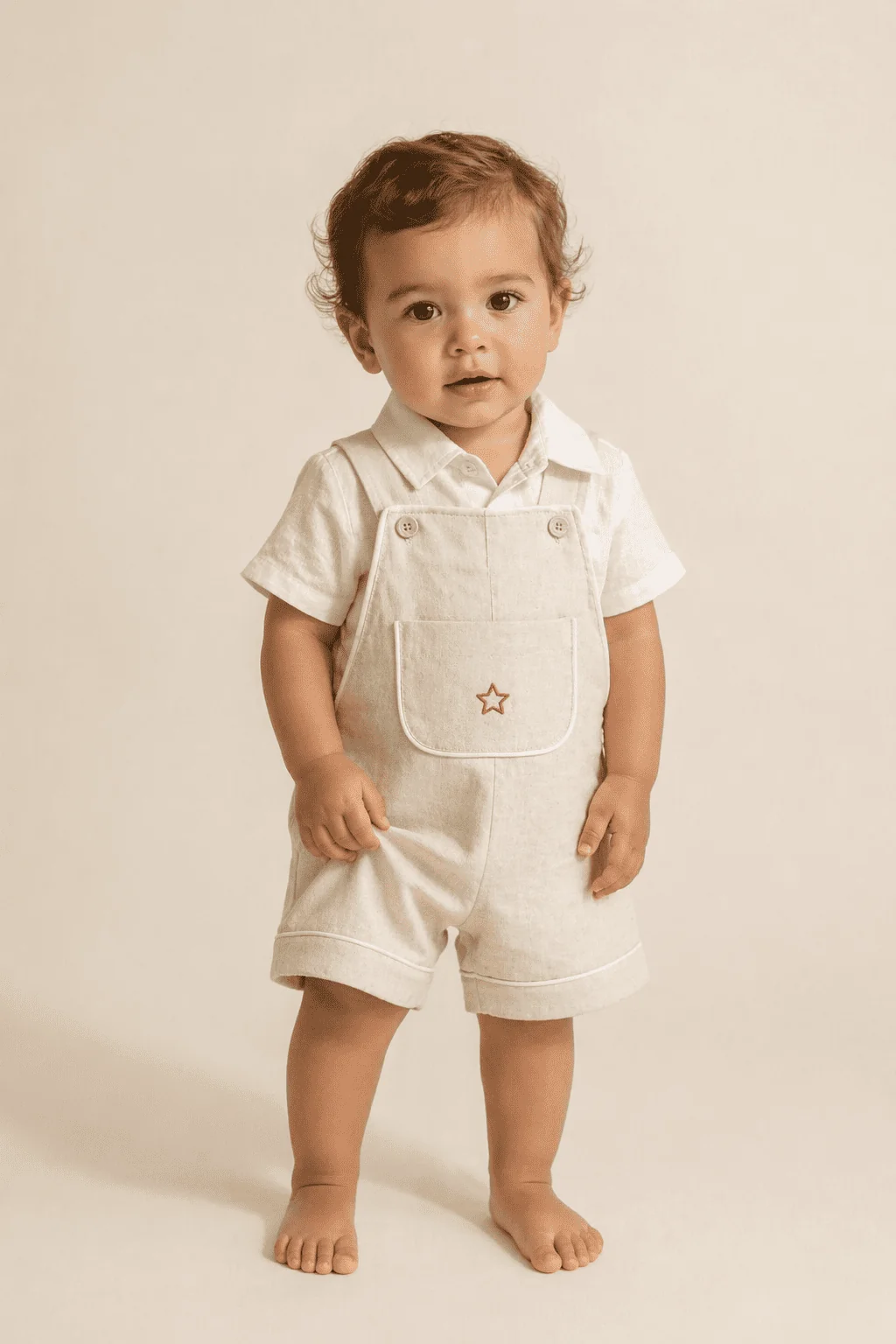 Toddler 18 meses em jardineira de linho cru premium, body ivory, backdrop ivory