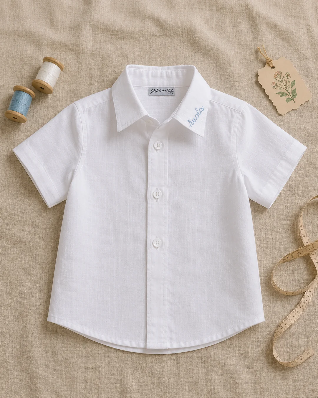 Camisa Social em linho branco · gola social de pontas · 3 botões frontais · nome do menino bordado em script azul na gola