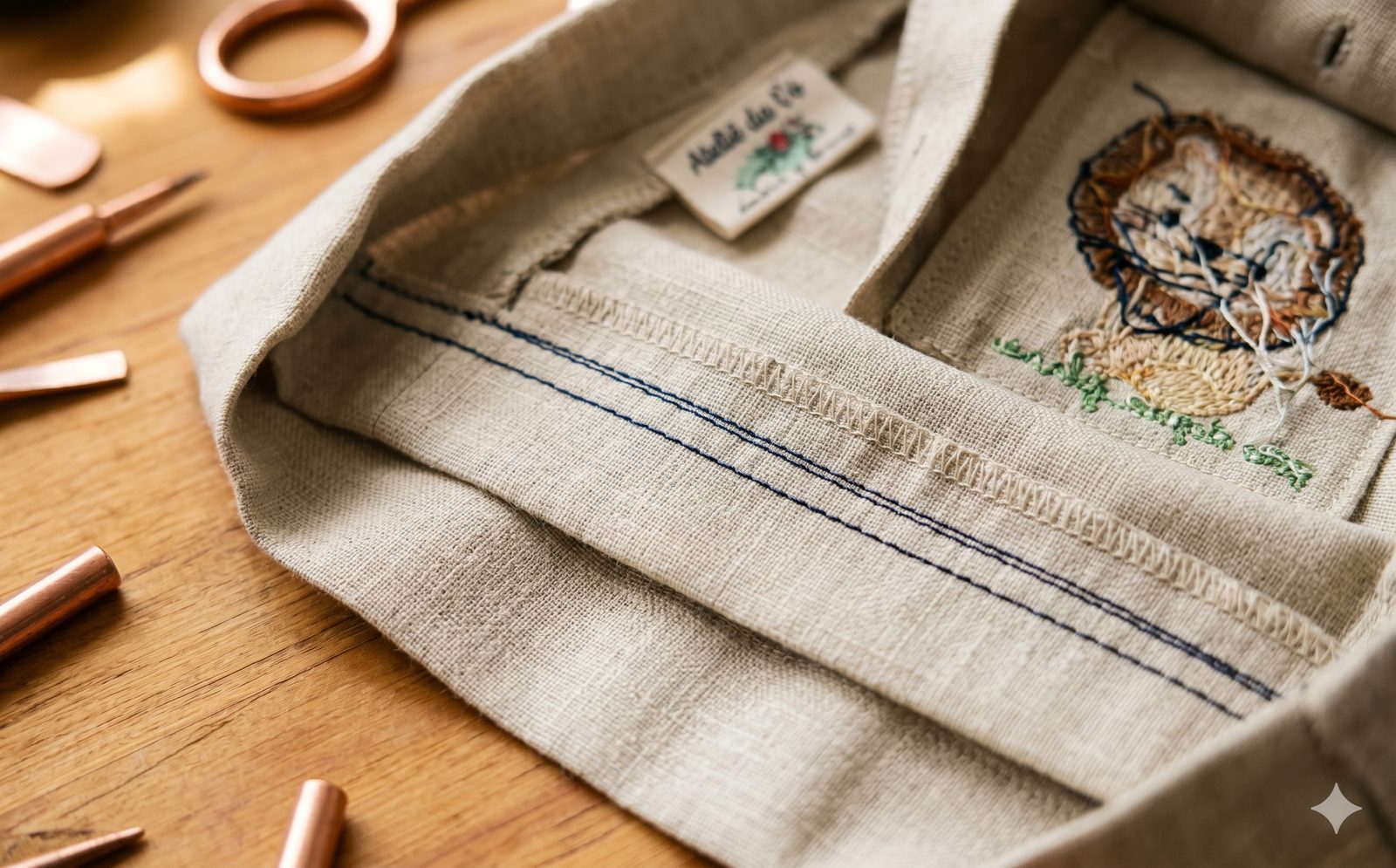 Detalhe macro do avesso de uma peça em linho cru mostrando acabamento impecável — alça regulável com botão de pressão embutido, barra dobrada e overlock escondido